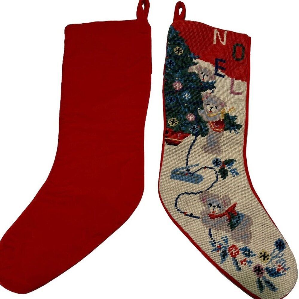 Vintage Needlepoint Wool Christmas Tree Stocking Bears Noel Velvet Back Pinecone